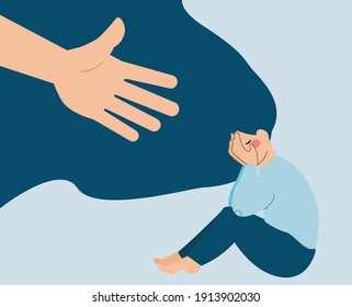 A hand helps a woman to get rid of stress. A young female crying and covering her face. Lonely girl needs support, and care because of depression, anxiety. Mental health concept. Vector illustration.