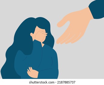 A hand helps a woman to get rid of stress and depression. Sad girl needs support, and care due to abuse and violence. A female teenage crying and covering her face. Mental health disorder concept.