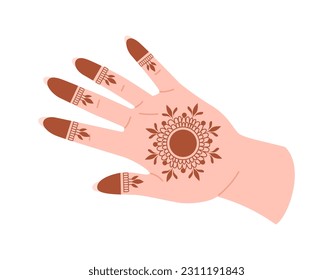 Hand with henna tattoo concept. Creativity and art in boho style. Sketch and body art. Mysticism and esotericism, witchcraft and magic. Cartoon flat vector illustration isolated on white background