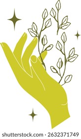 Hand with herbs icon. Vector witchcraft decoration design sticker. Mystical drawing: woman hand
