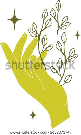 Hand with herbs icon. Vector witchcraft decoration design sticker. Mystical drawing: woman hand