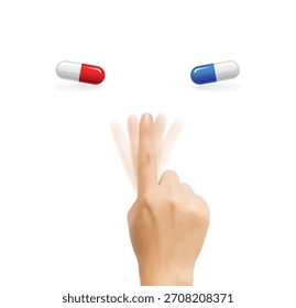 Ilustração vetorial de pílulas vermelhas e azuis. Escolha entre verdade e conceito de ilusão. Opções de medicamentos ou vitaminas. Símbolo de tomada de decisão isolado no fundo branco.