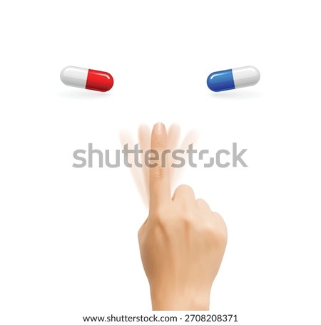 Hand hesitating to choose between red and blue pill isolated on white background. Concept of difficult decision, medical dilemma, pharmacy options, right choice, and determining treatment strategy