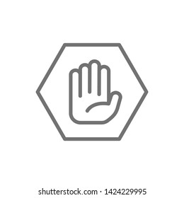 Hand in hexagon, do not touch, no sign allowed line icon.