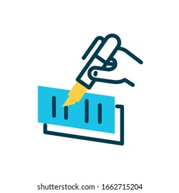 hand with highlighter and document pages icon over white background, half color style, vector illustration