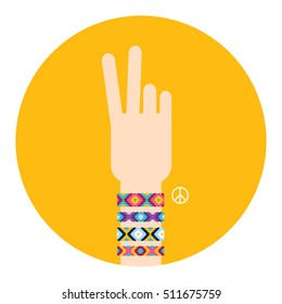 Hand with hippy friendship bracelets making victory sign. Icon