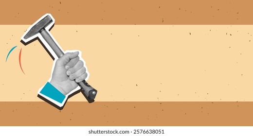 The hand hits with a hammer, place for text. Modern photo collage style. Vector illustration