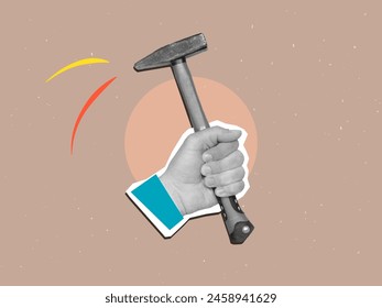 The hand hits with a hammer. Vector illustration in modern collage style