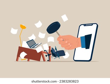 Hand hitting to break laptop with hammer. Frustration and chaos from tech failure, stressful from overworked