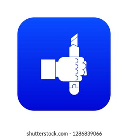 Hand hoding construction utility knife icon digital blue for any design isolated on white vector illustration