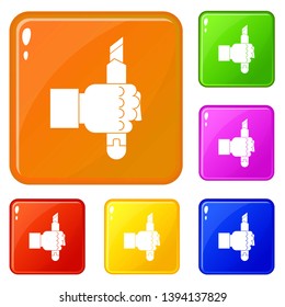 Hand hoding construction utility knife icons set collection vector 6 color isolated on white background