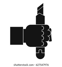Hand hoding construction utility knife icon in simple style isolated on white background vector illustration