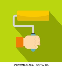 Hand hoding paint roller icon. Flat illustration of hand hoding paint roller vector icon for web on lime background