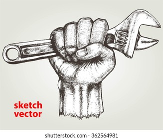 hand hold adjustable wrench sketch grunge vector