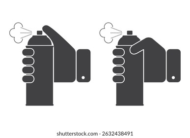 hand hold aerosol spray can bottle and press button icon set