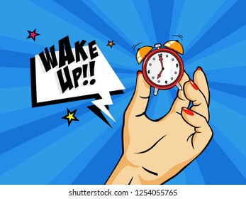 Hand hold alarm clock in a pop art style. Vintage wake up timer with bell ring. Vector flat illustration
