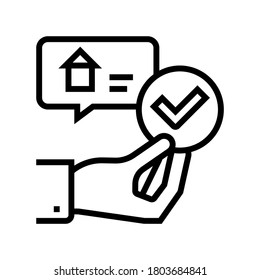 marca aprobada de mano comprar el vector de icono de la línea de la casa. marca aprobada de mano para comprar el cartel de la casa. símbolo de contorno aislado ilustración negra