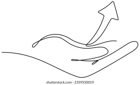 Hand hold arrow up continuous line drawing. Vector illustration isolated on white.