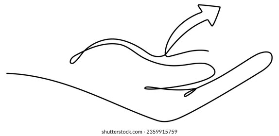 Hand hold arrow up continuous line drawing. Vector illustration isolated on white.