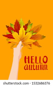 Hand hold autumn colorful leaves bright bouquet fall, floral. Hello Autumn lettering. Vector illustration isolated