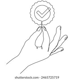 Hand hold award badge continuous line drawing. Approval check sign. Vector illustration isolated on white background.