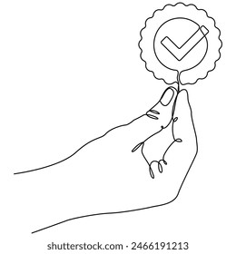 Hand hold award badge continuous line drawing. Approval check sign. Vector illustration isolated on white background.