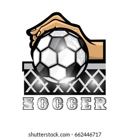 Hand hold ball in center of football goal net with text soccer. Sport logo for any football or soccer team on white