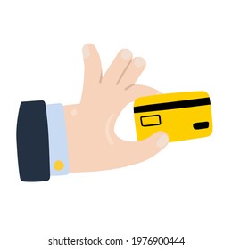 Hand hold bank card. Credit and financial services. Contactless payment for goods. Modern trendy cartoon illustration isolated on white