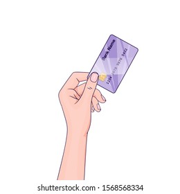 Hand hold bank credit or debit card for payment. insert card in atm. Wireless, contactless or cashless payments. online electronic purchase. financial isolated vector illustration on white background.