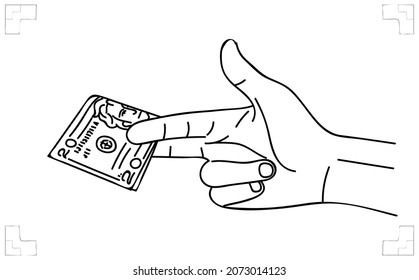 Hand hold a banknote. Business concept, wealthy, cash payment, trading or bribe. Line art business-finance illustration. Sketch, vector