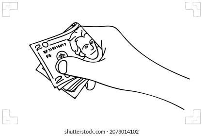 Hand hold a banknotes. Business concept, wealthy, cash payment, trading or bribe. Line art business-finance illustration. Sketch, vector