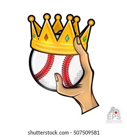 Hand hold baseball ball with golden crown. Sport logo isolated on white for any team or competition