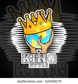 Hand hold beach volleyball ball with crown. Vector sport logo for any team and championship