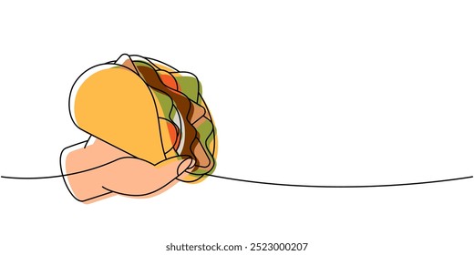 Mano sostener el taco de carne de una línea de dibujo continuo de color. Comida rápida tradicional mexicana. Ilustración lineal de Vector.