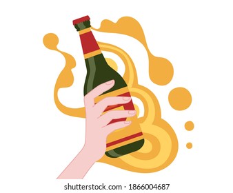 Hand Hold Beer Bottle With Label And Abstract Beer Flowing Around Bottle Flat Vector Illustration On White Background