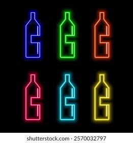 Hand hold beer bottle neon sign. Male hand holding a beer on wall background.