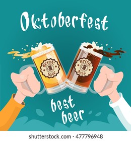 Hand Hold Beer Glass Mug Oktoberfest Festival Banner Flat Vector Illustration