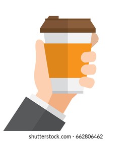 hand hold beverage cup. coffee , tea cup. drink. vector illustration.