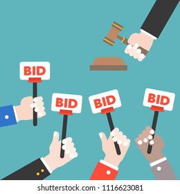 Hand Hold Bid Sign And Judge Hammer, Auction Bidding Concept, Flat Design