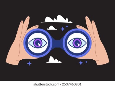 Hand hold binoculars front view future business view concept. Vector graphic design illustration element