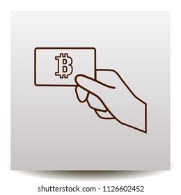 hand hold Bitcoin card line vector icon on a realistic paper background with shadow. Illustration in Flat design style. Image suitable for cryptomoney business