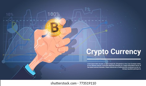 Hand Hold Bitcoin Over Charts And Graphs Background Digital Crypto Currency Concept Vector Illustration