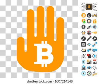 Hand Hold Bitcoin pictograph with bonus bitcoin mining and blockchain design elements. Vector illustration style is flat iconic symbols. Designed for cryptocurrency websites.