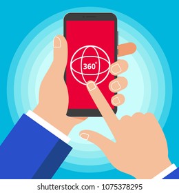 Hand hold black device phone with 360 degrees angle icon sign and index finger touch the screen outline flat design style vector illustration isolated on light blue background. Symbol of 360 degree VR