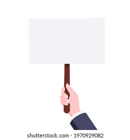 Hand hold blank protest banner plate sign business concept flat style design vector illustration. Demonstration placard banner or test choice voting dispute.