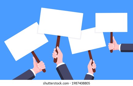 Hand hold blank protest banner plate signs set business concept flat style design vector illustration. Demonstration placard banner or test choice voting dispute.