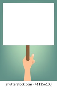 Hand hold a blank protest signs on bright green background.