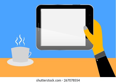 Hand - Hold a Blank Tablet and a Cup of Coffee
