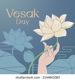 A hand hold a blooming white lotus. Lotus flower in the background. Vesak day greeting card.