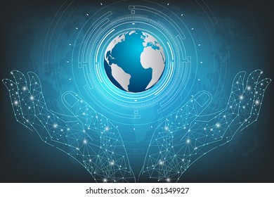 Hand hold blue planet on technology background.vector illustration.